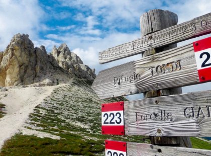 Italy’s Dolomite Mountains rise up like a cathedral of rock over every bend in the trail.