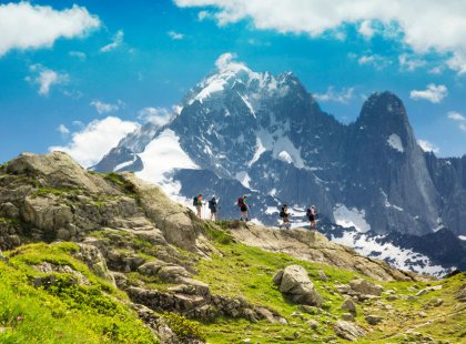 Magnificent views of rocky spires and glaciers draping the Mont Blanc massif are daily highlights.