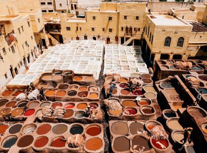 Leather tanneries and city buildings view, Fes, Morocco