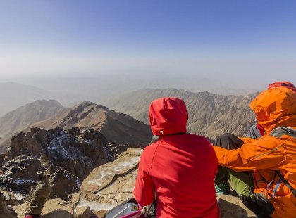Travellers at the Peak of Toubkal National Park, Atlas mountain Morocco