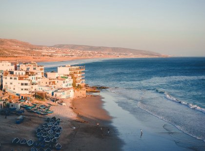 view of Taghazout at sunset, Morocco