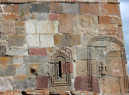 Some of the ancient carvings on the Gergeti Trinity Church in Georgia
