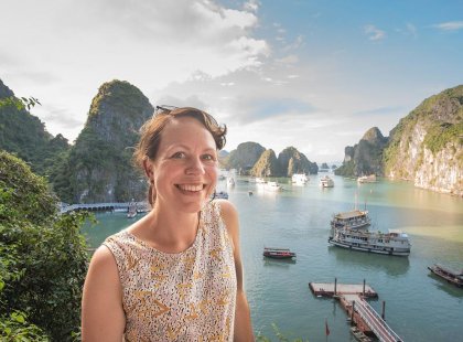 Traveller at a scenic point in Halong Bay, Vietnam during an Intrepid Travel tour