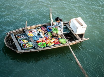 The floating markets in Halong Bay, Vietnam