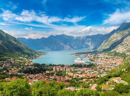Scenic view over the Bay of Kotor and Kotor city in Montenegro
