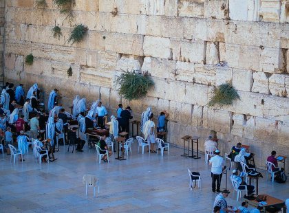 Groups of people praying at the Wailing Wall, Jerusalem, Israel