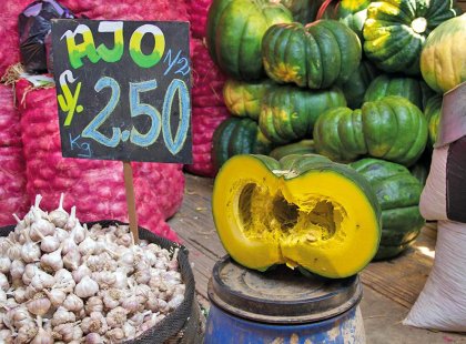 The colourful market stalls and produce of Peru