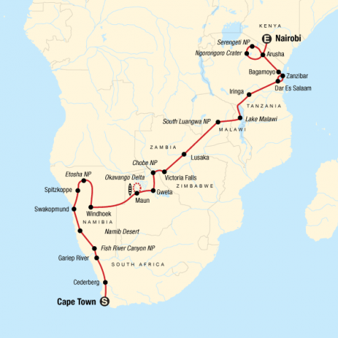 Cape Town to the Serengeti - Tour Map