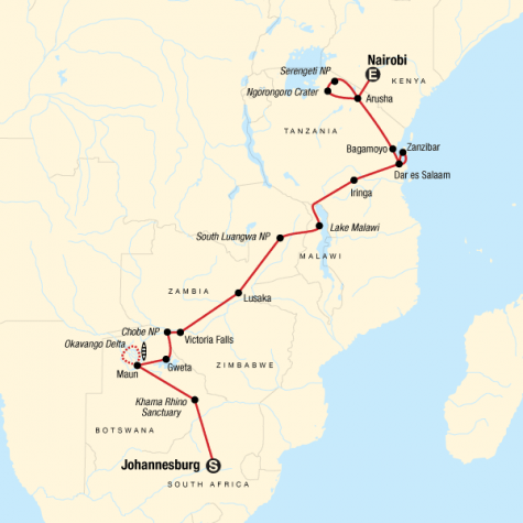 Falls, Beaches & Serengeti Adventure (Northbound) - Tour Map