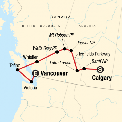 National Parks of the Canadian Rockies Westbound - Tour Map