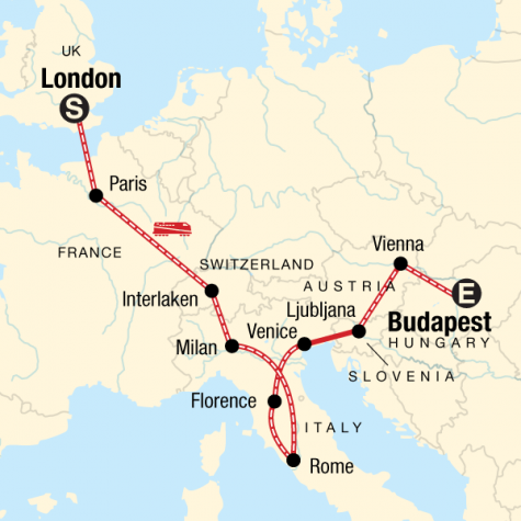 London to Budapest on a Shoestring - Tour Map