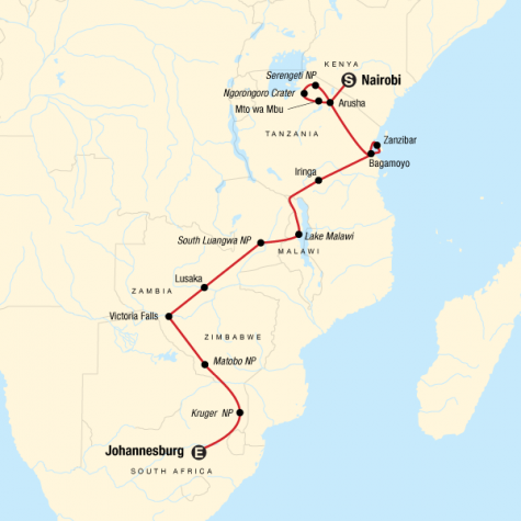 Falls, Beaches & Serengeti Adventure (Southbound) - Tour Map