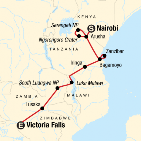 Serengeti to Victoria Falls Adventure - Tour Map