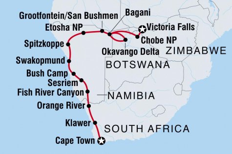 Cape Town to Vic Falls - Tour Map