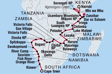 Kenya to Cape Town - Tour Map