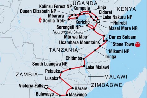 Gorillas to Vic Falls - Tour Map