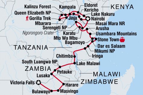 Vic Falls to Gorillas - Tour Map