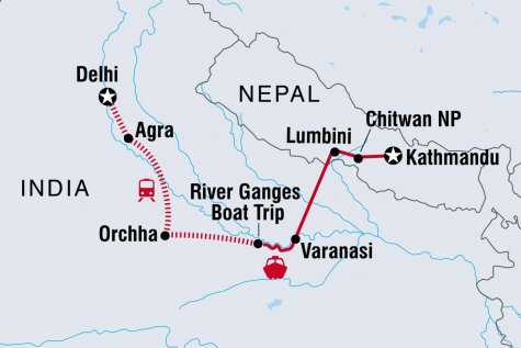 Delhi to Kathmandu - Tour Map