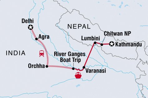 Kathmandu to Delhi - Tour Map