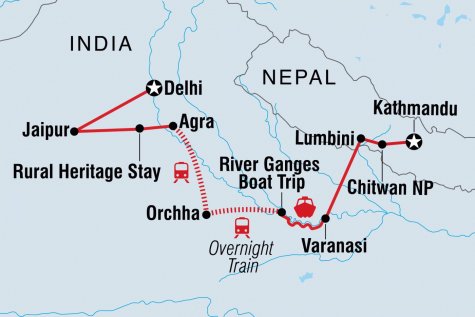 Highlights of India & Nepal - Tour Map