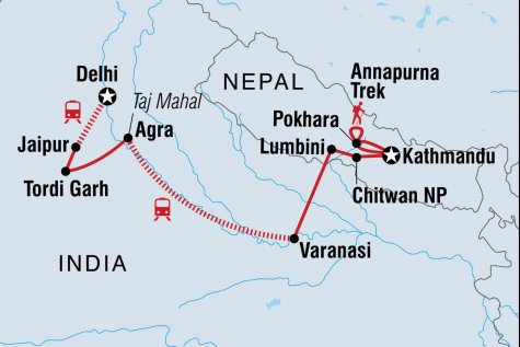 Epic Nepal to India - Tour Map