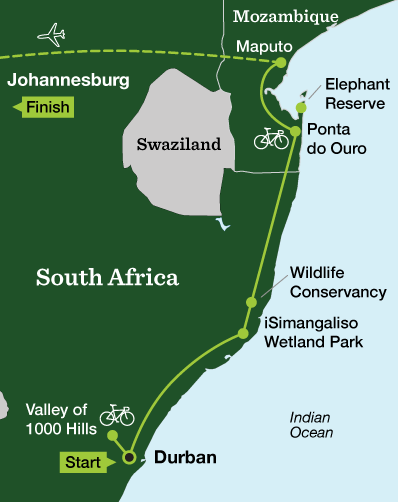 Southern Africa Mountain Biking and Safari – Zululand to Mozambique - Tour Map
