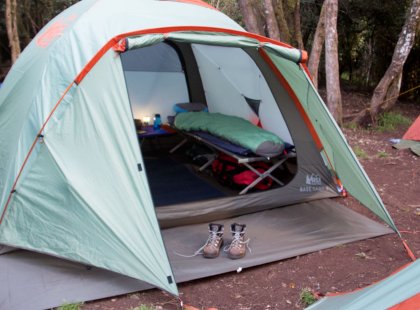 Signature camping includes spacious walk-in REI tents, full length cots, 3.5-inch REI sleeping pads, pillows and more.