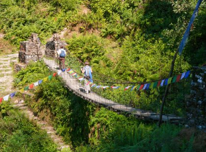 On our active journey, we encounter many types of terrain including hanging bridges, stone steps, terraced fields, and more!