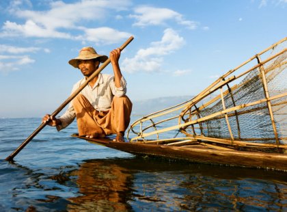 Kayak the calm waters and floating gardens of Inle Lake and hike countryside trails to beautiful lake vistas.