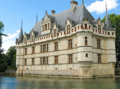 The chateau at Azay-le-Rideau is one of the earliest French Renaissance chateaux. Built on an island in the Indre River, it appears to float on the water.