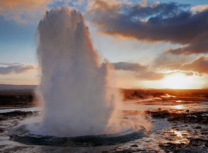 Strokkur geyser erupts every 10 minutes, spouting water almost 70 feet in the air.