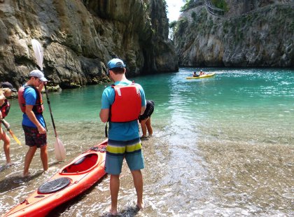 The Amalfi Coast’s dramatic landscapes—natural rock arches, sea caves, hidden beaches and remote coves—are best explored by sea kayaks.