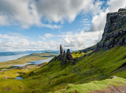 Trotternish Ridge, filled with strange rock pinnacles, is a long ridge hike that is considered one of the finest in Scotland.