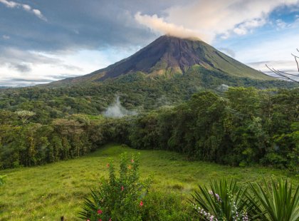 Towering above the forest, Arenal Volcano rumbles and spews columns of ash into the sky.