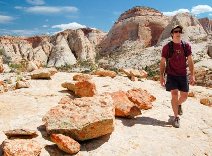 Sandstone slickrock, a hallmark of southern Utah, is formed from ancient sand dunes and makes a perfect surface for backcountry travel.