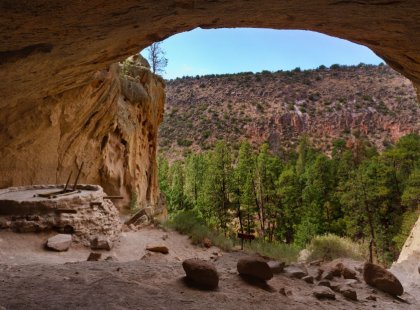 In Bandelier National Monument, hike interconnecting trails to ruins and cliff dwellings located in beautiful Frijoles Canyon.