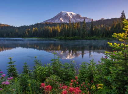 Mount Rainier as seen at Reflection Lake. This volcano dominates the skyline and is ever present throughout our adventure in this beloved park.