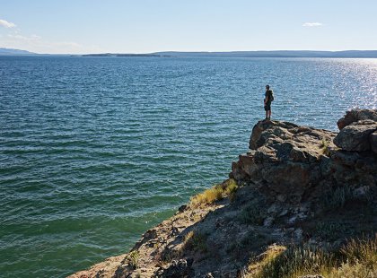 Hike along the shore of immense Yellowstone Lake, the largest freshwater lake above 7,000’ in North America.