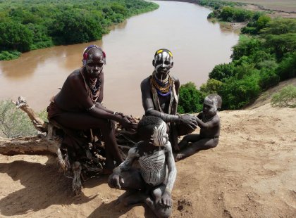 Hamar tribal family near the river in Ethiopia