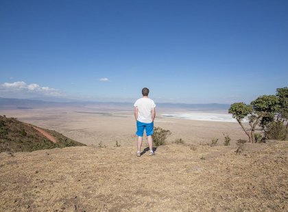 Traveller looking at the Ngorongoro Crater in Tanzania on an Intrepid Travel tour