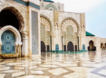 Colourful mosaic exterior of Hassan II Mosque, Casablanca, Morocco