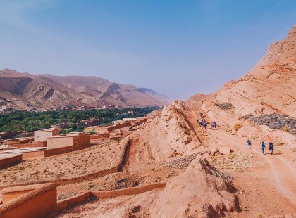 Landscape view of group walking in High Atlas Mountains, Morocco