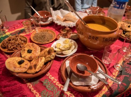 A traditional home-cooked meal in Morocco