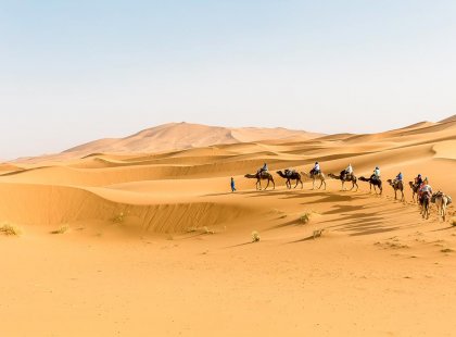 Group riding camels through Sahara Desert, Morocco