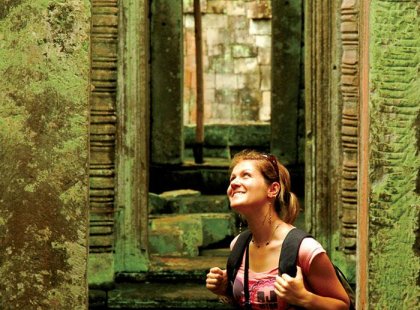 Cambodia, admiring ancient temple