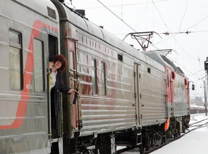Russia Transsiberian Railway Train, Attendants waving