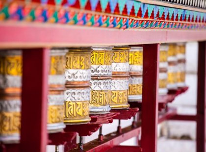 Buddhist prayer wheels at a monastery in Tibet