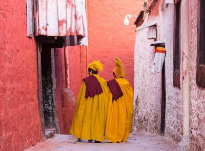 Monks walking to a monastery in Lhasa, Tibet