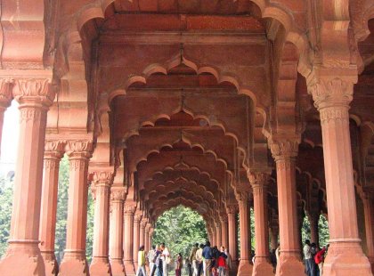 The ornate walkway details of the Red Fort in Delhi, India