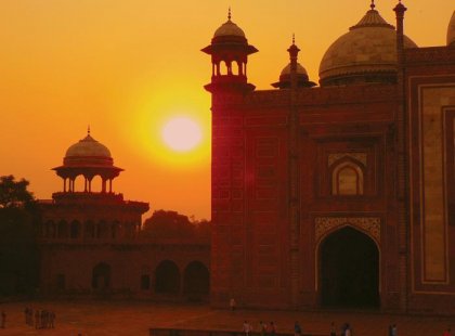 Taj Mahal silhouette at sunset, India
